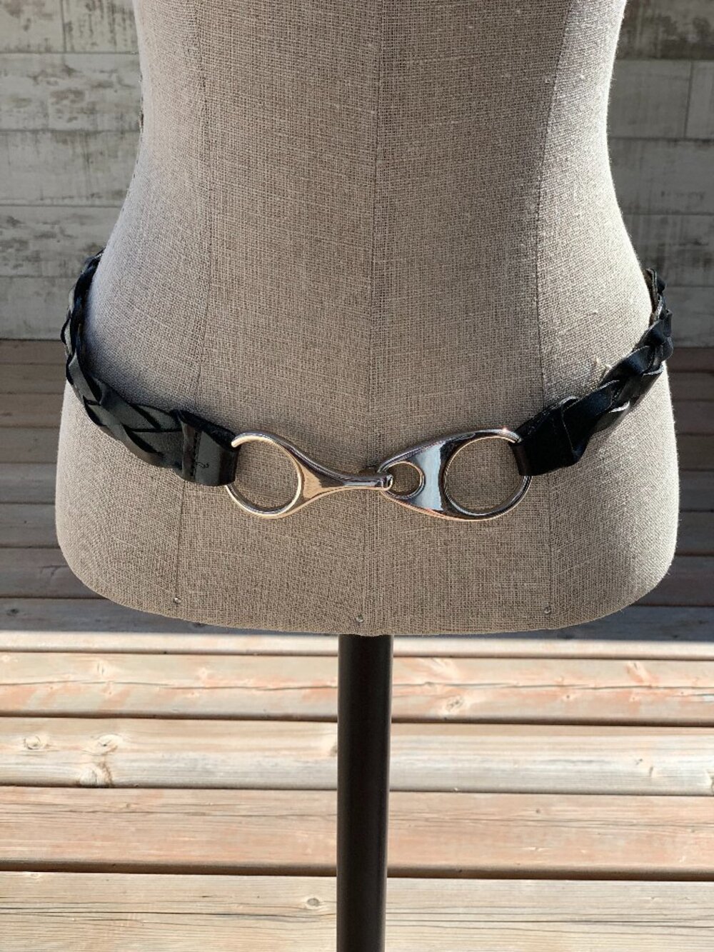 Braided Leather Hip Waist Belt Women’s S Black Statement Silver Buckle Boho Chic